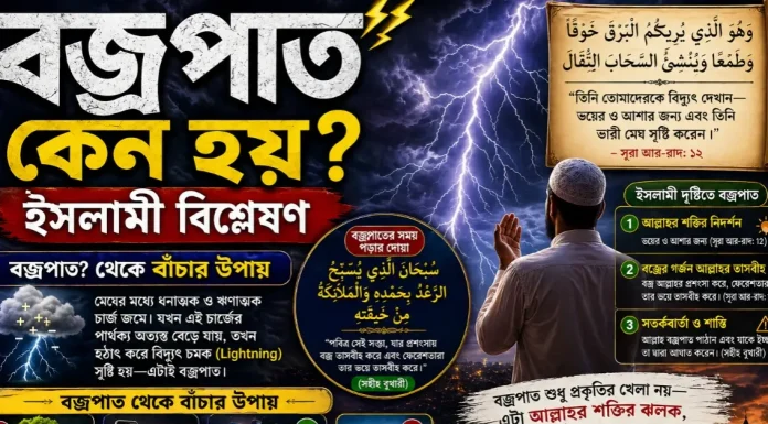 বজ্রপাত থেকে বাঁচার উপায়: দলিলভিত্তিক আমল ও বাস্তবমুখী সতর্কতা আসমানের গর্জন ও আল্লাহর কুদরত: বজ্রপাত কেন হয় এবং বাঁচার সুন্নাহসম্মত উপায়